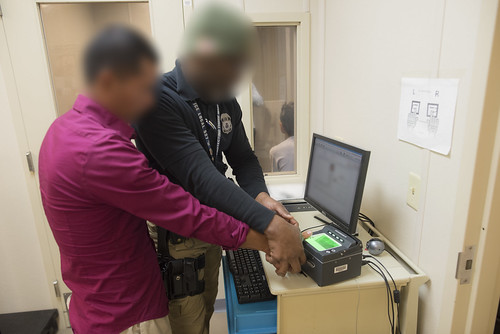 ICE agents conducting an arrest and booking of an individual suspected of immigration-related offenses during a field operation
