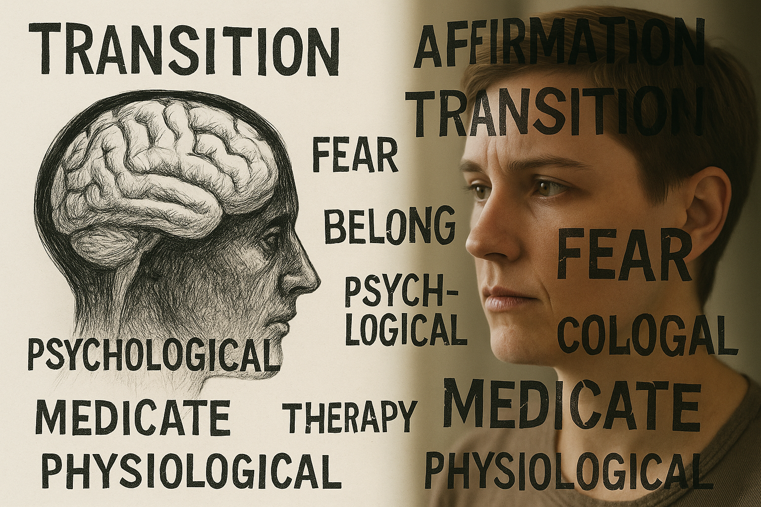 A person looking at their own reflection as a brain scan, symbolizing the balance between identity and science in gender dysphoria