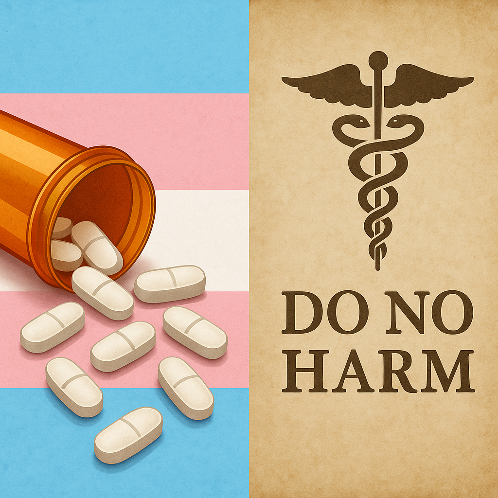 Spilled medication bottle set against the trans flag and the physician's 'Do No Harm' oath, highlighting ethical questions in youth medical transition