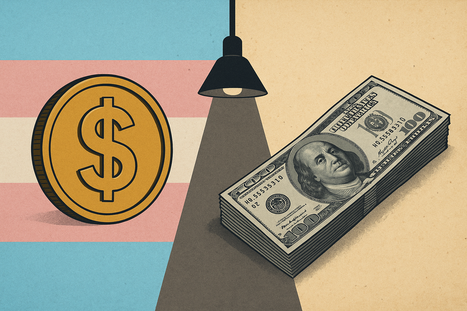 Split image of a dollar coin and medical paperwork, representing the financial incentives influencing gender dysphoria diagnosis and treatment