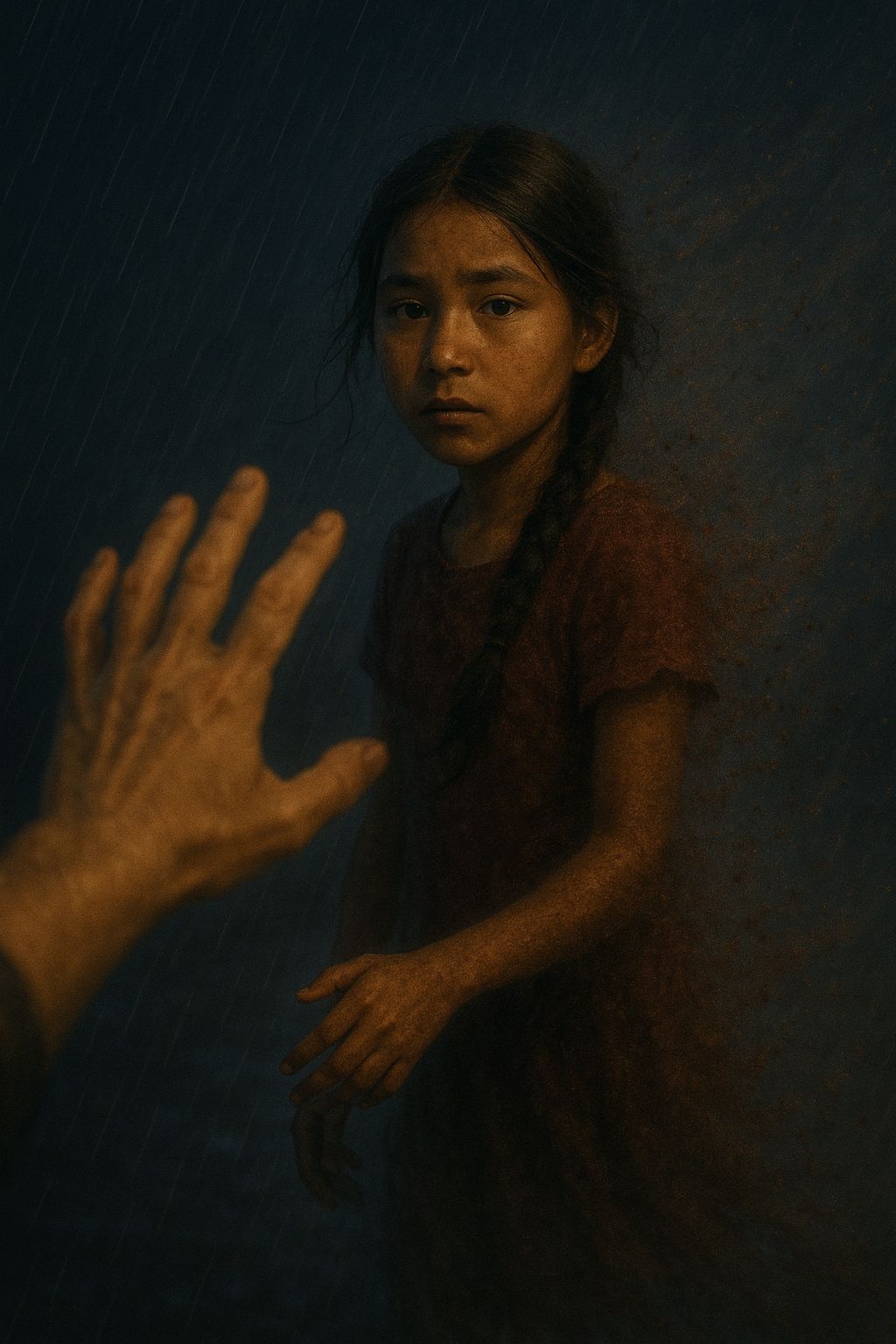 A young girl disintegrating into the wind while someone reaches out to save her