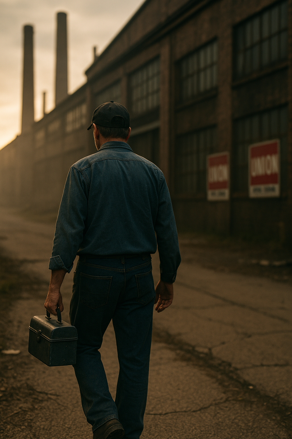 Union worker walking away from factory alone after opting out, symbolizing social and professional isolation