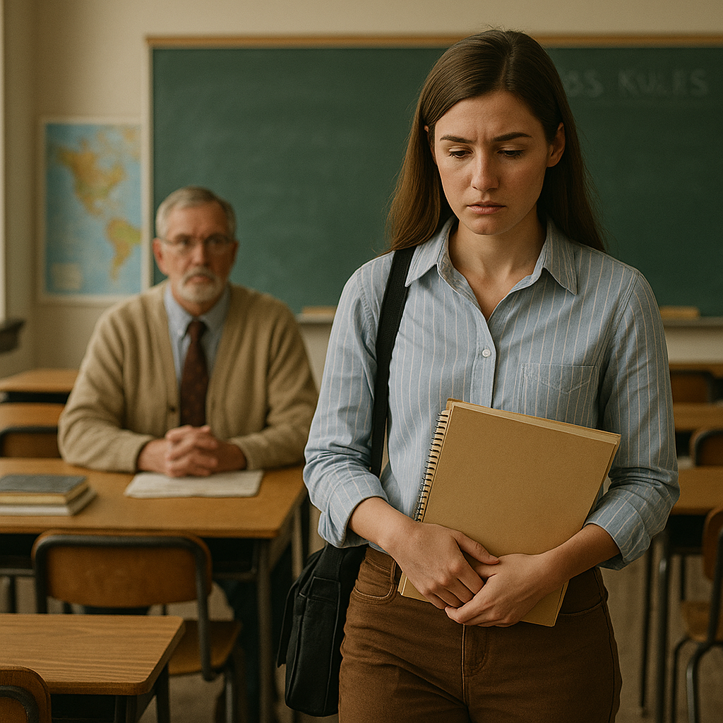 Young female teacher leaving her classroom while an older teacher watches, symbolizing union seniority over performance